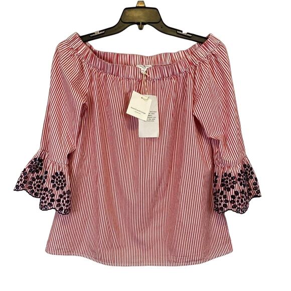NWT Beachlunchlounge Floral Embroidered Top Women Sz L Red/White Striped - Picture 1 of 11